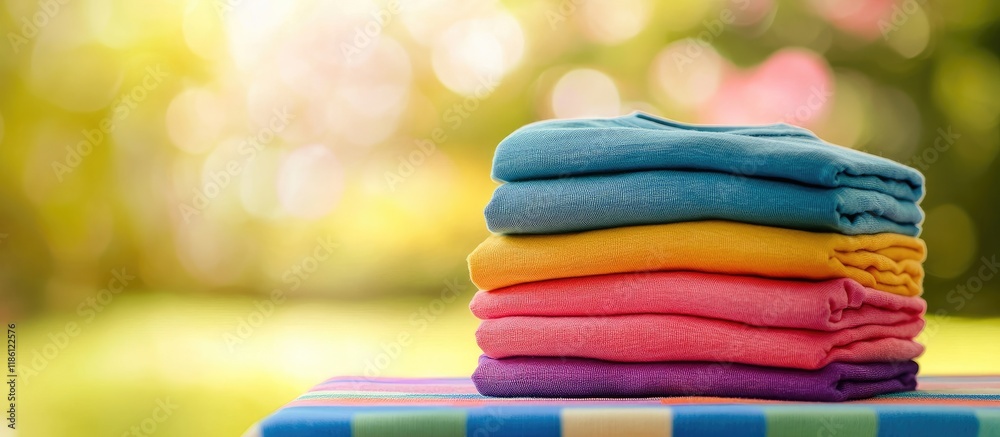 Poster stack vibrant clothing a pile of neatly folded cotton shirts on a colorful table with space availabl