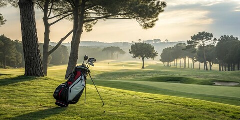 golf bag in the morning golf course