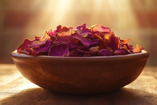 Bowl of rose petals in soft sunlight