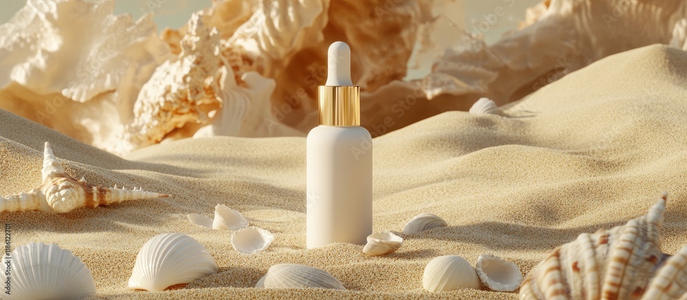 Poster A sandy setting showcases a serum bottle embellished with sea shells Prepared for branding empty labels provide a perfect backdrop for seasonal promotions Natural beauty. with copy space image