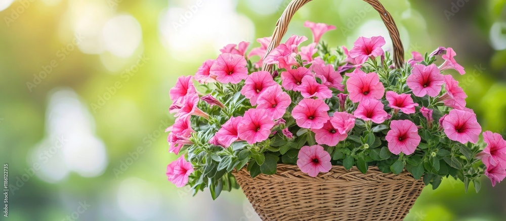 Canvas Prints a basket of pink petunias hanging. with copy space image. place for adding text or design