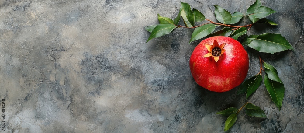 Fototapete Red pomegranate with a sprig of ivy on a textured background Top view No people Flat lay Copy space Concept of fruits and healthy eating