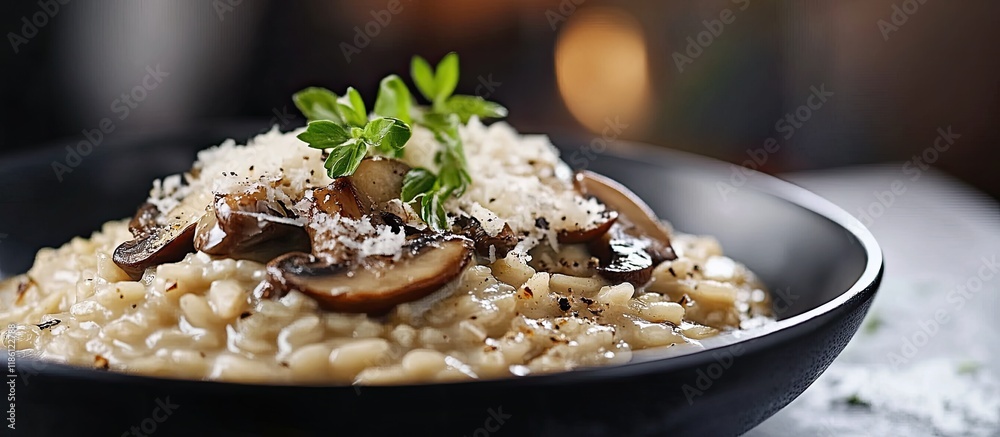 Aufkleber classic italian risotto made with wild rice mushrooms and parmesan. with copy space image. place for