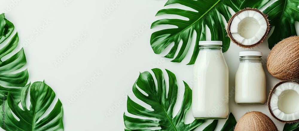 Aufkleber Coconut milk in bottles and fresh coconut on green leaves with a white background viewed from above and featuring copy space
