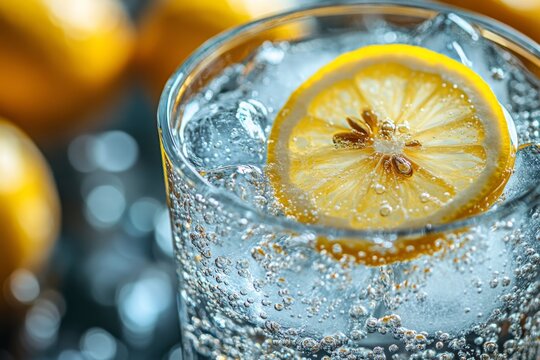 Lemon slice in sparkling water with bubbles and ice cubes