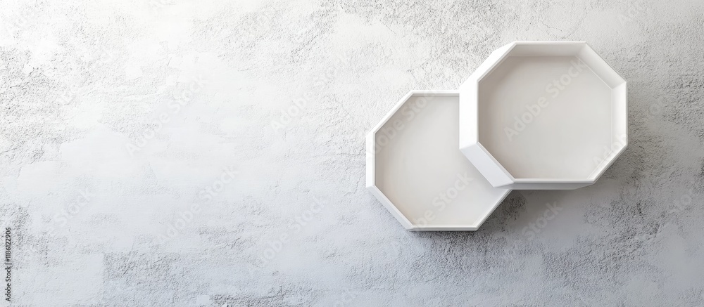 Poster Open hexagonal box on a white textured backdrop Background for a gift or invitation. with copy space image. Place for adding text or design