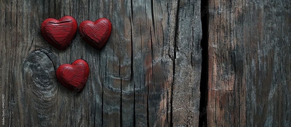 Leinwandbilder red hearts on wood with space for text. with copy space image. Place for adding text or design
