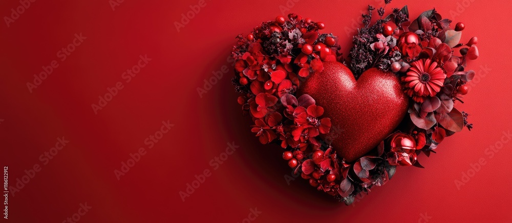 Poster Valentine s Day concept Symbols associated with Valentine s Day Red heart flowers and accessories Isolated Congratulations. with copy space image. Place for adding text or design