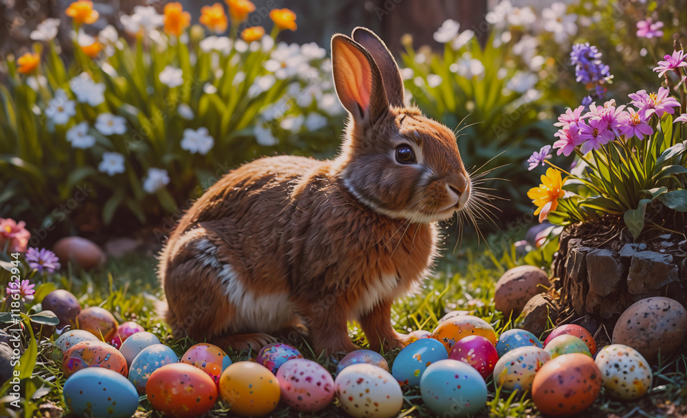 Poster brown rabbit is sitting on a bed of easter eggs. the eggs are scattered around the rabbit, with some
