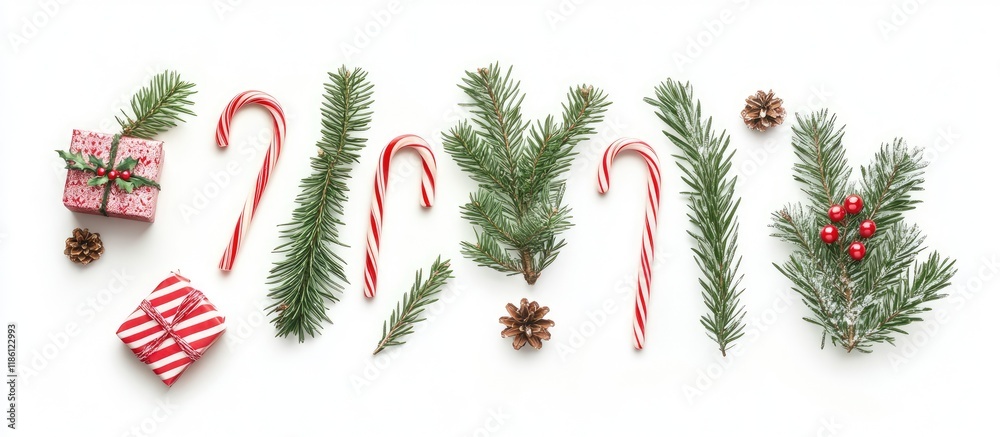 Aufkleber Flat lay arrangement of Christmas items including candy canes pine and a gift. with copy space image. Place for adding text or design