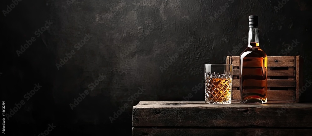 Poster Whiskey in a glass and bottle beside a wooden crate on a dark table with a black background Space for text. with copy space image. Place for adding text or design