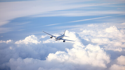 passenger plane flying through clouds in the sky, Generative AI