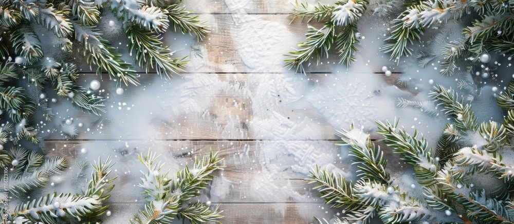 Aufkleber fresh evergreen tree branches frame a wooden background covered in snow for christmas. with copy spa