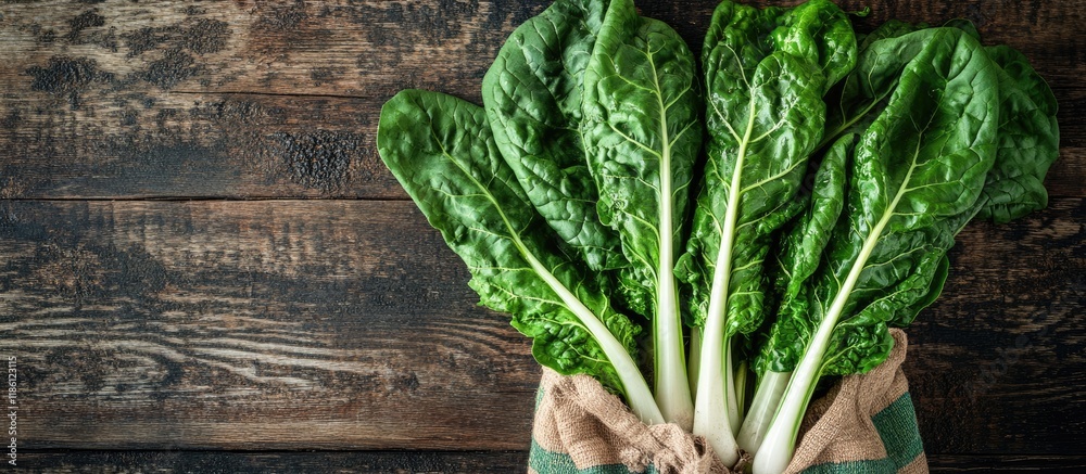Aufkleber swiss chard leaves on a wooden table featuring multiple green leaves with white stalks in a colored 