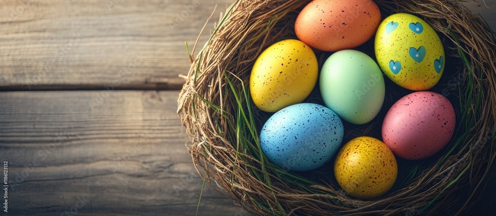 Aufkleber colorful easter eggs in a nest viewed up close against a wooden background. with copy space image. p