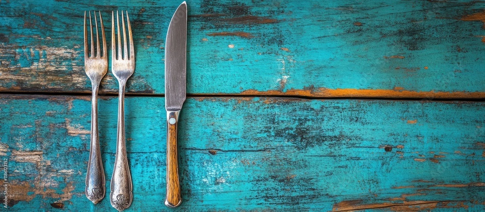 Aufkleber Cupronickel knife and fork on a vibrant wooden surface. with copy space image. Place for adding text or design