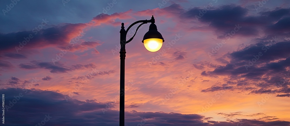 Aufkleber Black light post shining against a backdrop of clouds lit by the sunset. with copy space image. Place for adding text or design