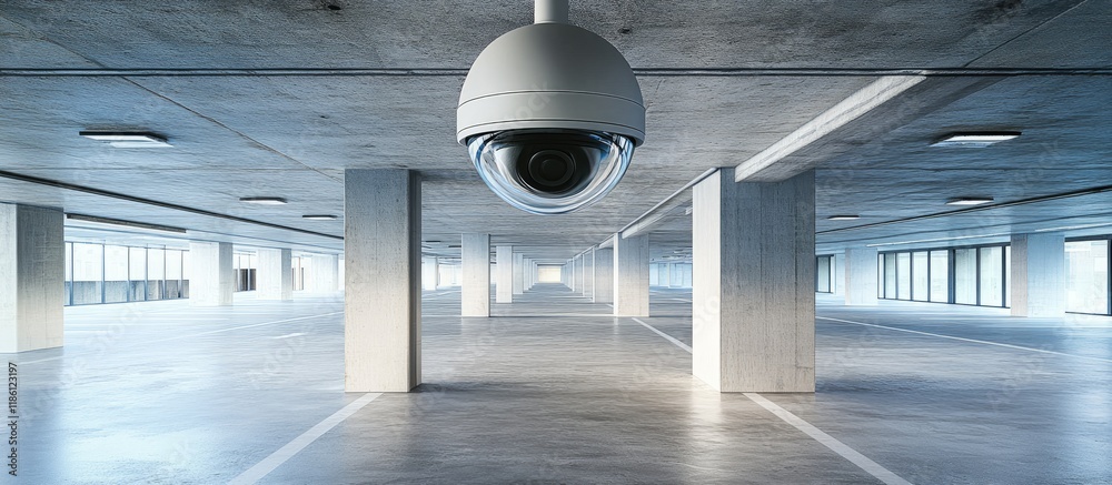Poster cctv camera mounted on the concrete ceiling of the parking area in the condominium with copy space