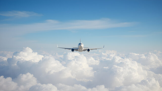 passenger plane flying through clouds in the sky, Generative AI