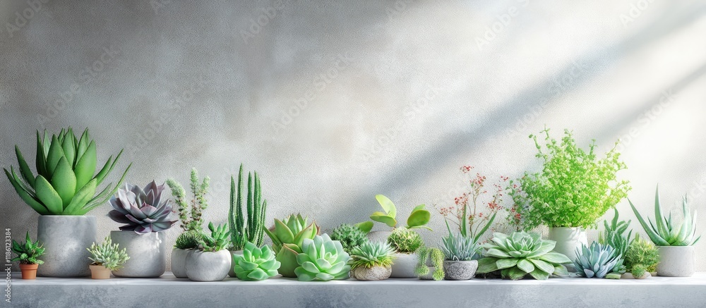 Fototapete group arrangement of succulents on the windowsill. with copy space image. place for adding text or d