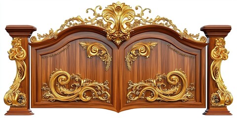 Ornate Wooden Gate with Gold Accents and Pillars