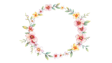 Obraz premium Pastel drawing artistic image of floral wreath as a frame for round white space. some leaves or flowers may overlap that white background. it has to be colorful, look natural. Generative AI
