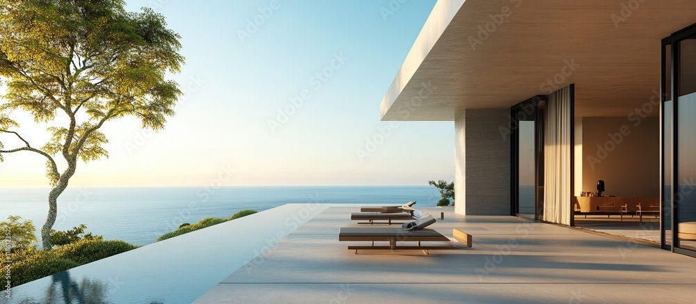Poster Contemporary patio and infinity pool with an ocean view. with copy space image. Place for adding text or design