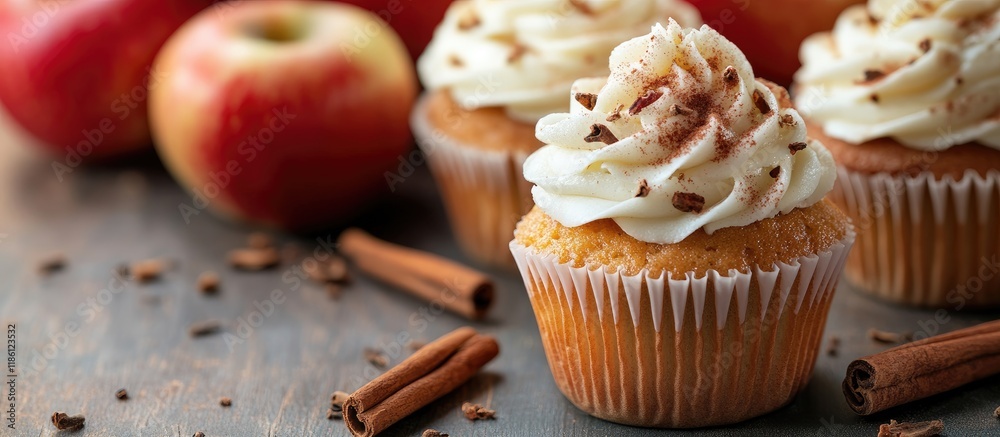 Poster apples and cinnamon components for cupcakes featuring copy space
