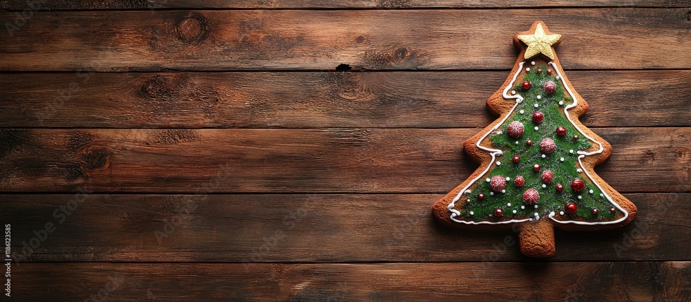 Poster Gingerbread Christmas tree icing New Year decoration on a wooden background. with copy space image. Place for adding text or design