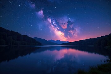 Fototapeta premium Glowing starry sky over a serene lake at dusk, peaceful, starry