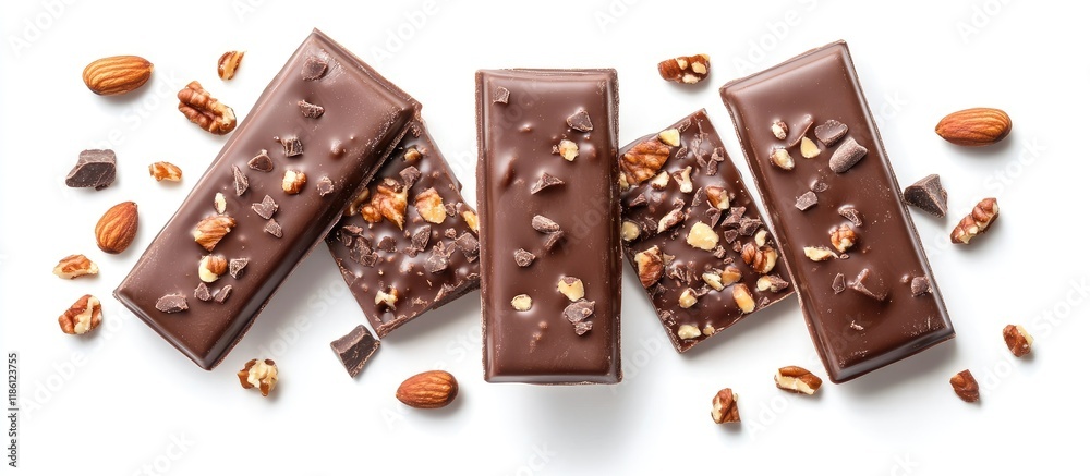 Fototapete Delicious chocolate bars featuring caramel and nuts against a white background top view Room for text. with copy space image. Place for adding text or design