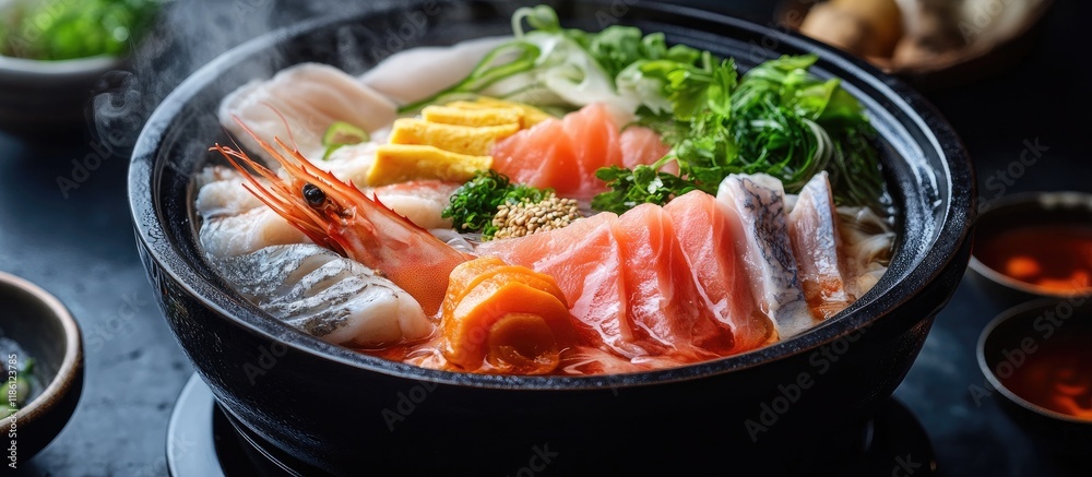 Fototapete shabu shabu is a japanese dish featuring yellowtail which is seafood enjoyed when boiled. with copy 