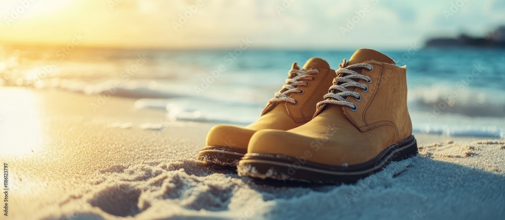 Aufkleber footwear on beach sand. with copy space image. place for adding text or design