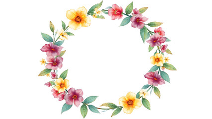 Pastel drawing artistic image of floral wreath as a frame for round white space. some leaves or flowers may overlap that white background. it has to be colorful, look natural. Generative AI