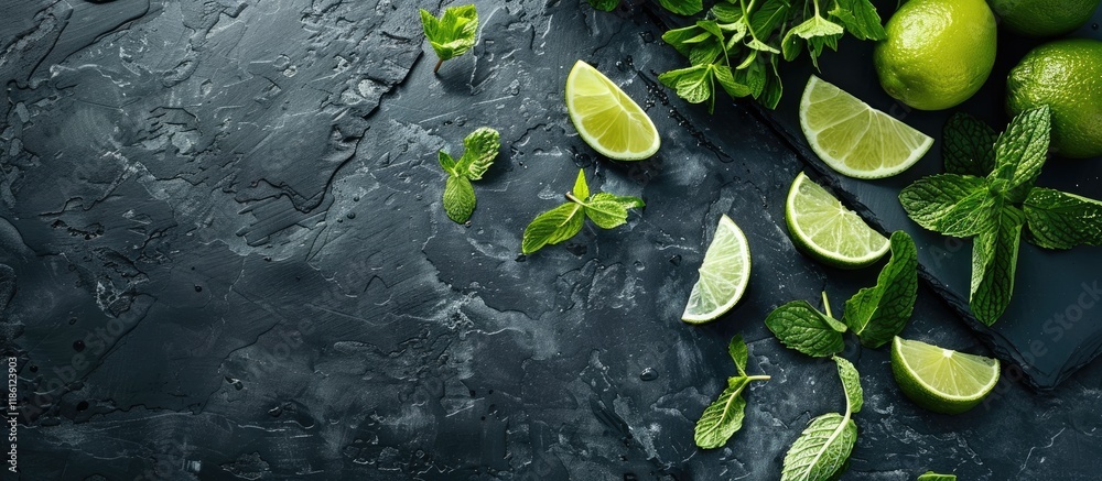 Poster ingredients for a fresh mojito cocktail on a black stone board. with copy space image. place for add