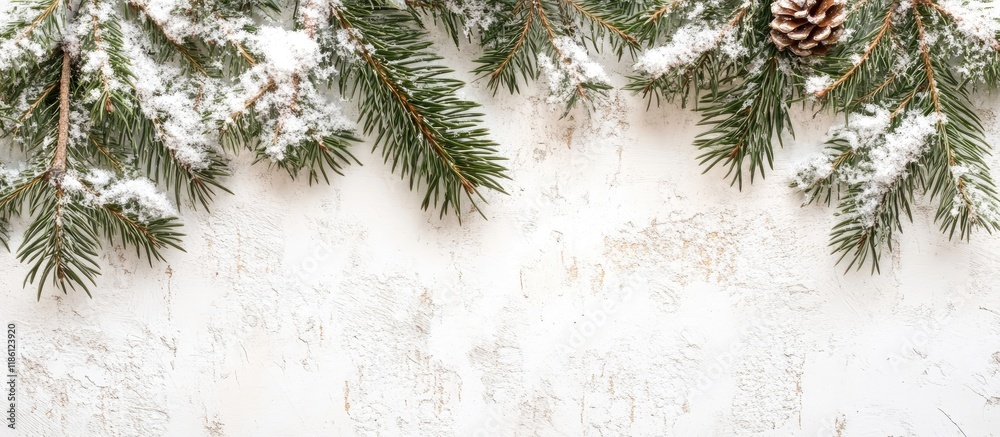 Poster Spruce fir abstract background border with snow on a weathered white background. with copy space image. Place for adding text or design