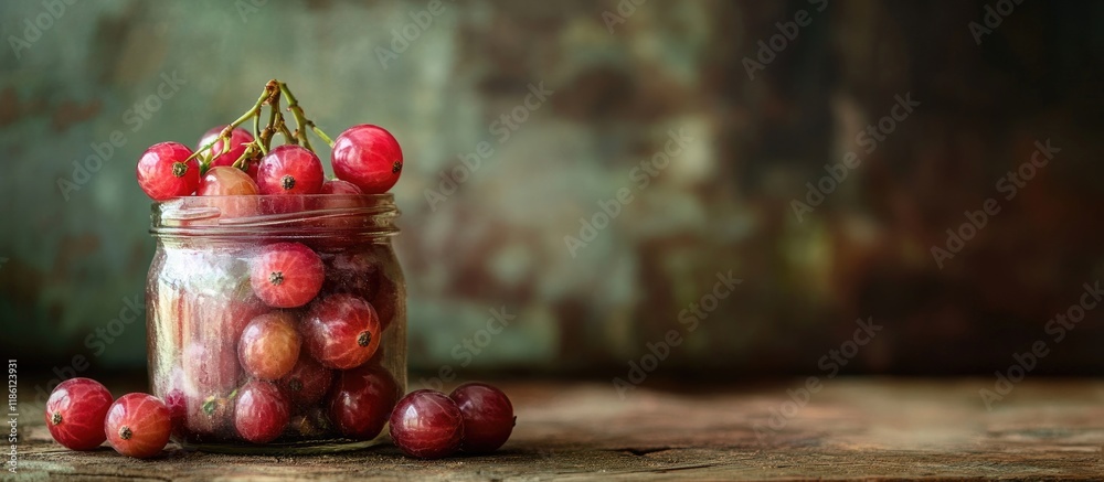 Aufkleber red gooseberries in a glass jar on aged wooden background berry canning intending to make gooseberry