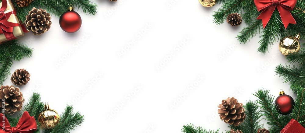 Fototapete christmas frame featuring red green and gold balls bows fir branches and pine cones set against a wh