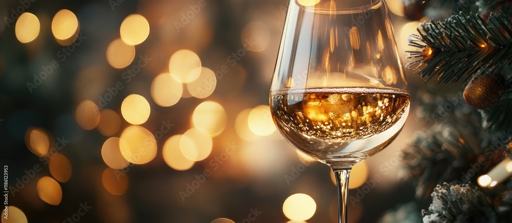 Poster close up of a glass of wine with a bokeh background flat lay new year and christmas ambiance greetin