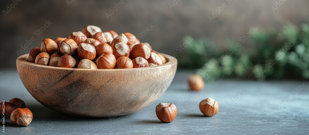 Poster wooden bowl filled with hazelnuts situated on a table in the studio concept of a nutritious healthy 