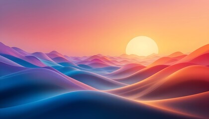 Vibrant Sunset Over Colorful Rolling Hills and Mountains in a Dreamlike Landscape