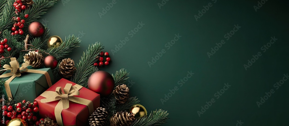 Aufkleber Gift boxes featuring Christmas balls berries and fir cones on a green background with text space. with copy space image. Place for adding text or design
