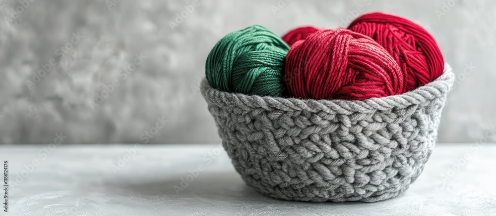 Poster green and red yarn in a gray knitted basket on a white table concept of home comfort and christmas k