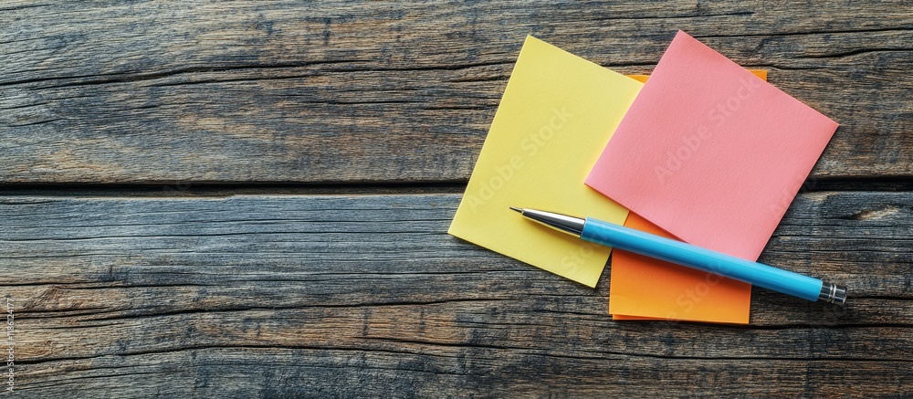 Aufkleber Post it notes and a pen on a wooden surface. with copy space image. Place for adding text or design