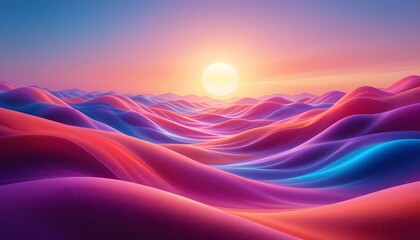 Vibrant Sunset Over Colorful Rolling Hills and Mountains in a Dreamlike Landscape