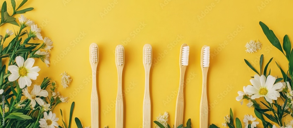 Aufkleber Four bamboo toothbrushes on a yellow backdrop surrounded by a floral frame Eco friendly. with copy space image. Place for adding text or design