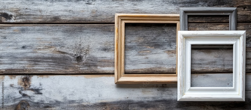 Fototapete Empty photo frames on a wooden background. with copy space image. Place for adding text or design