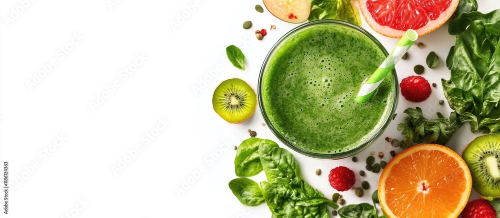 Poster Green smoothie with fruits and vegetables set against a white background. with copy space image. Place for adding text or design