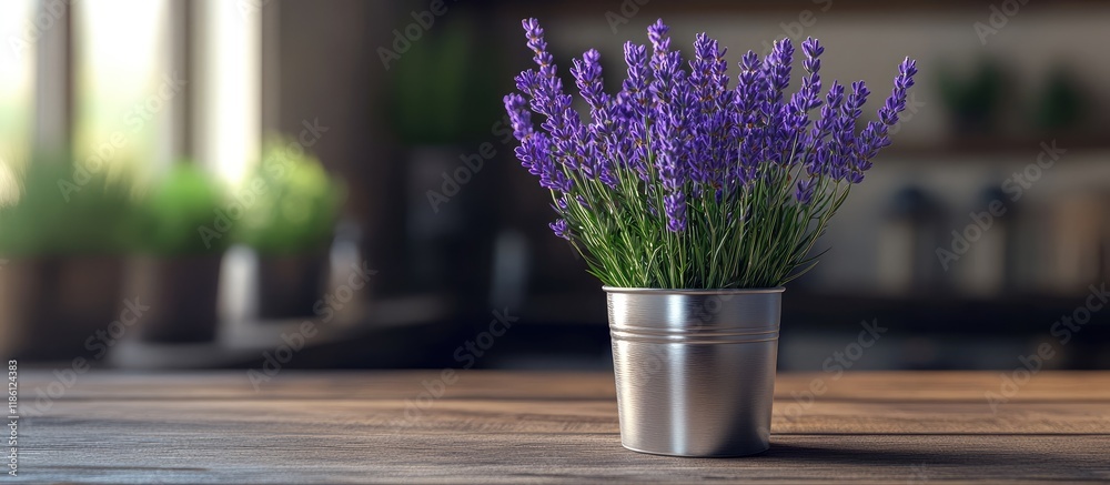 Poster office workspace with lavender in a steel cup. with copy space image. Place for adding text or design