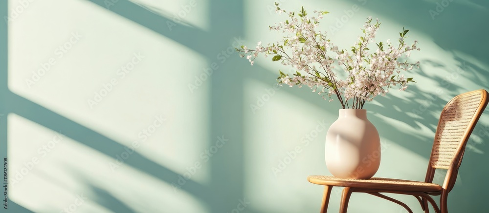 Leinwandbilder vase with blooming branches on a chair beside a colored wall. with copy space image. place for addin